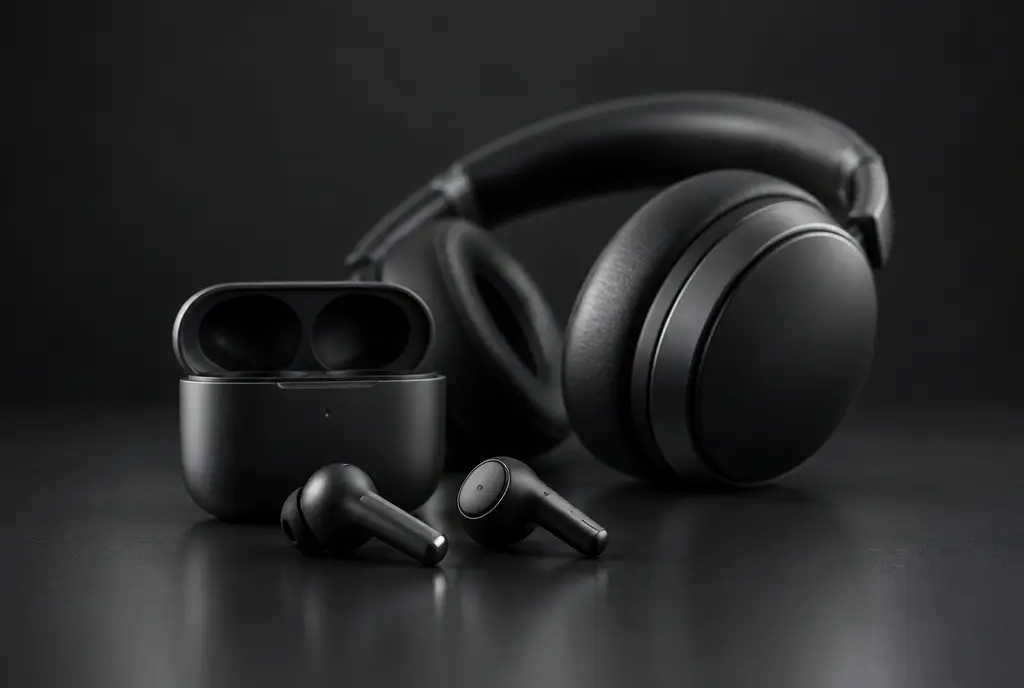Imagem ilustrativa: fones sem fio com estojo de carga e fone de cabeça